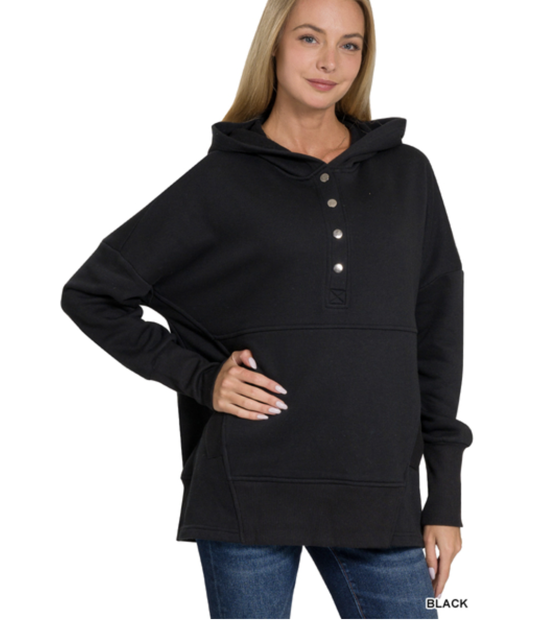 Black Haley Half Button Fleece Hooded Pullover