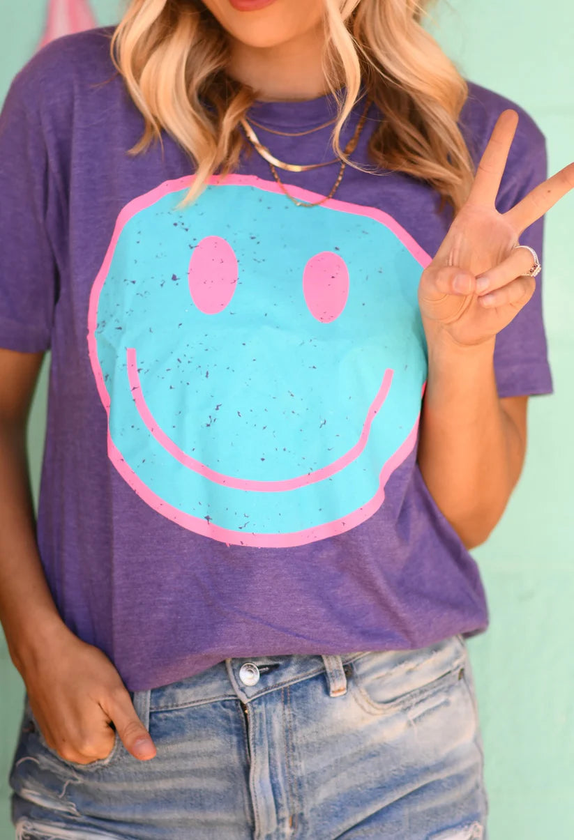 Purple Distressed Smiley Graphic Tee
