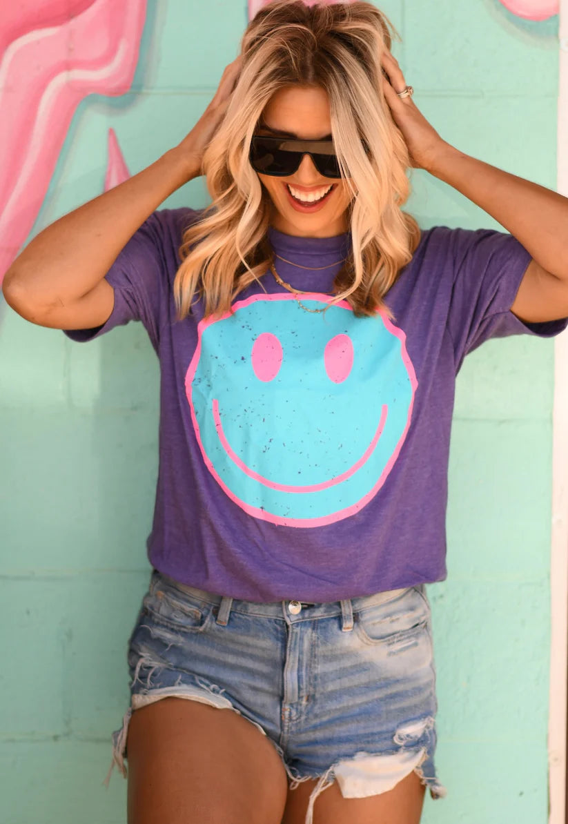Purple Distressed Smiley Graphic Tee