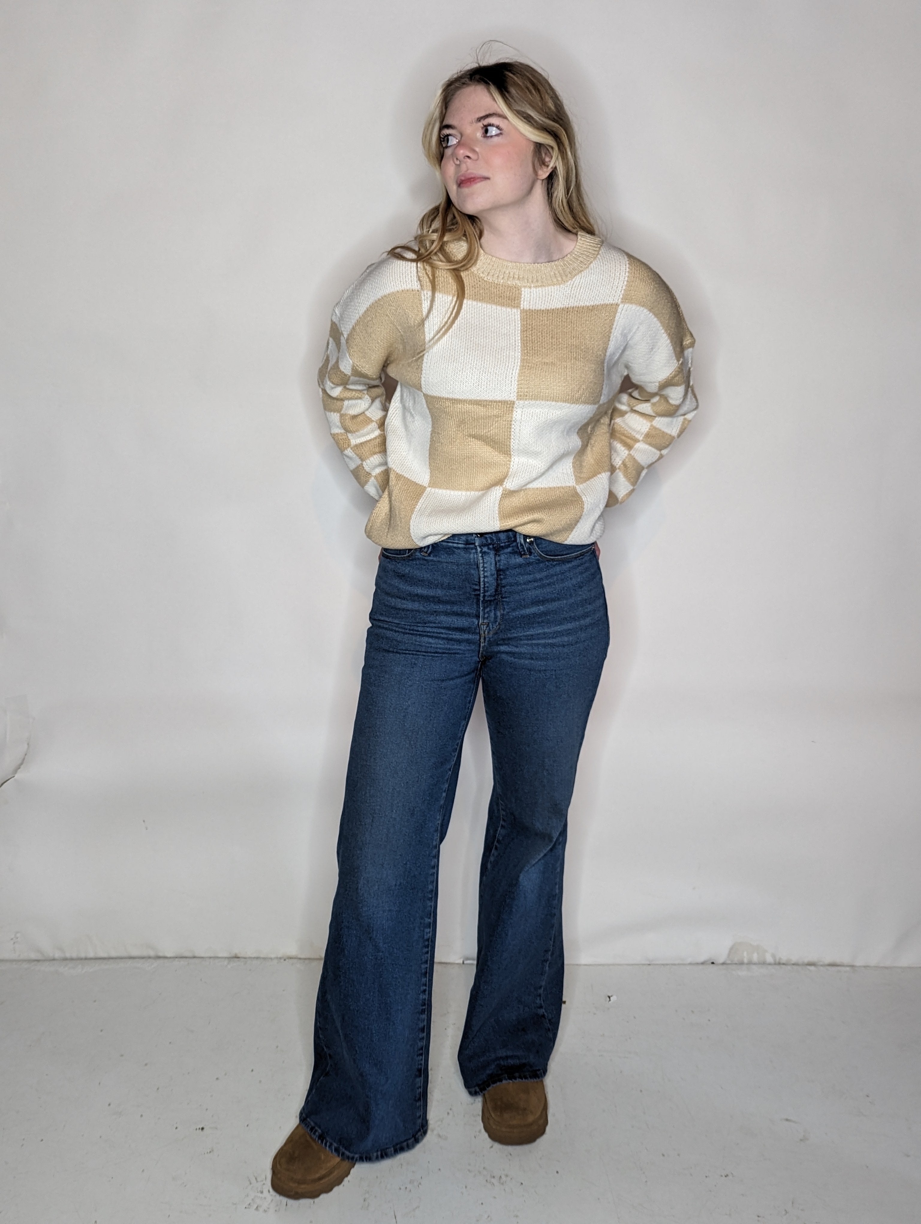 Laurel Flaxen Checkered Drop Shoulder Sweater