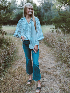 White Laurel Oversized Striped Button Up Top