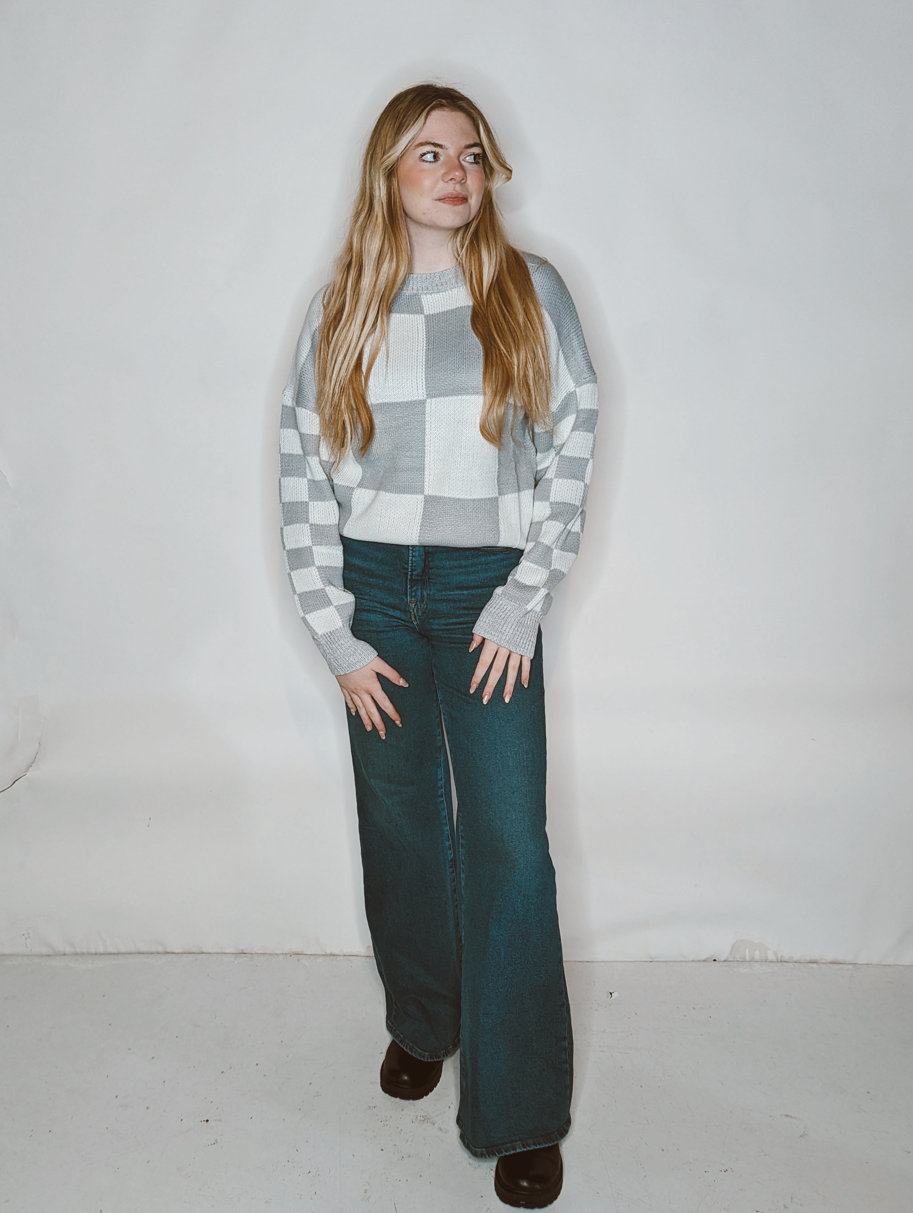 Laurel Grey Checkered Drop Shoulder Sweater