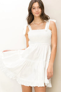 Off White Shine Bright Tie Shoulder Smocked Mini Dress