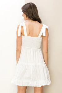 Off White Shine Bright Tie Shoulder Smocked Mini Dress