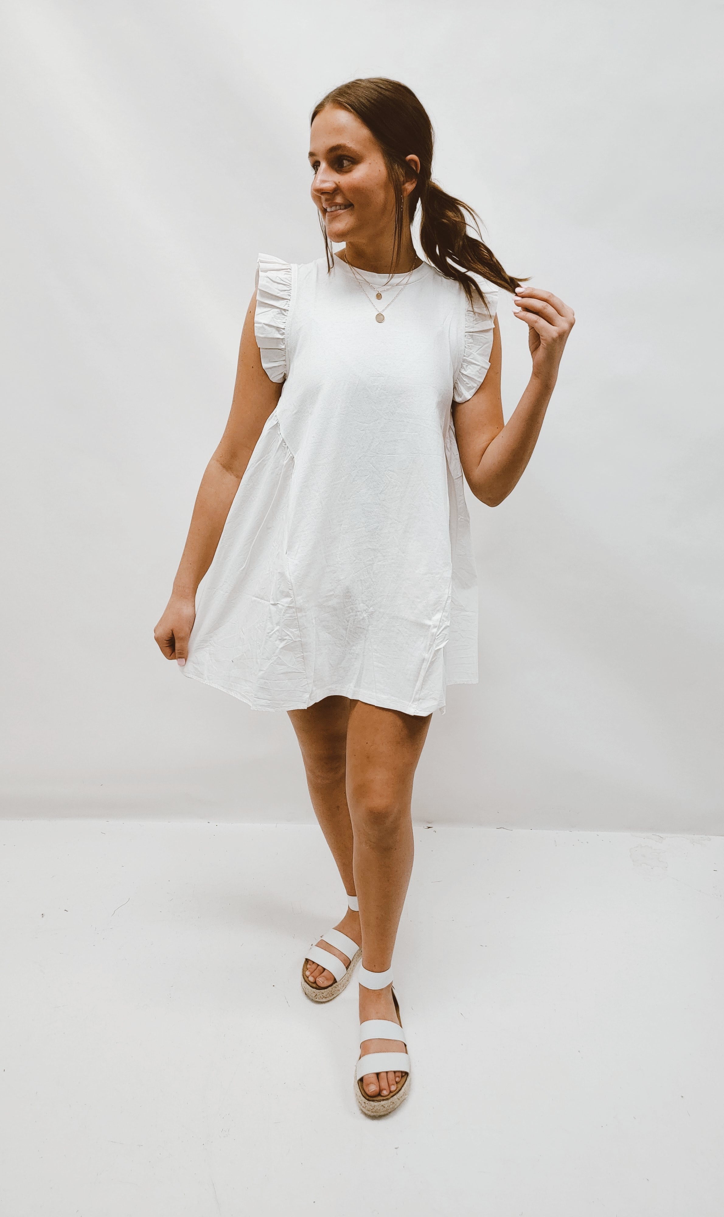 Mara White Ruffle Cap Sleeve Dress